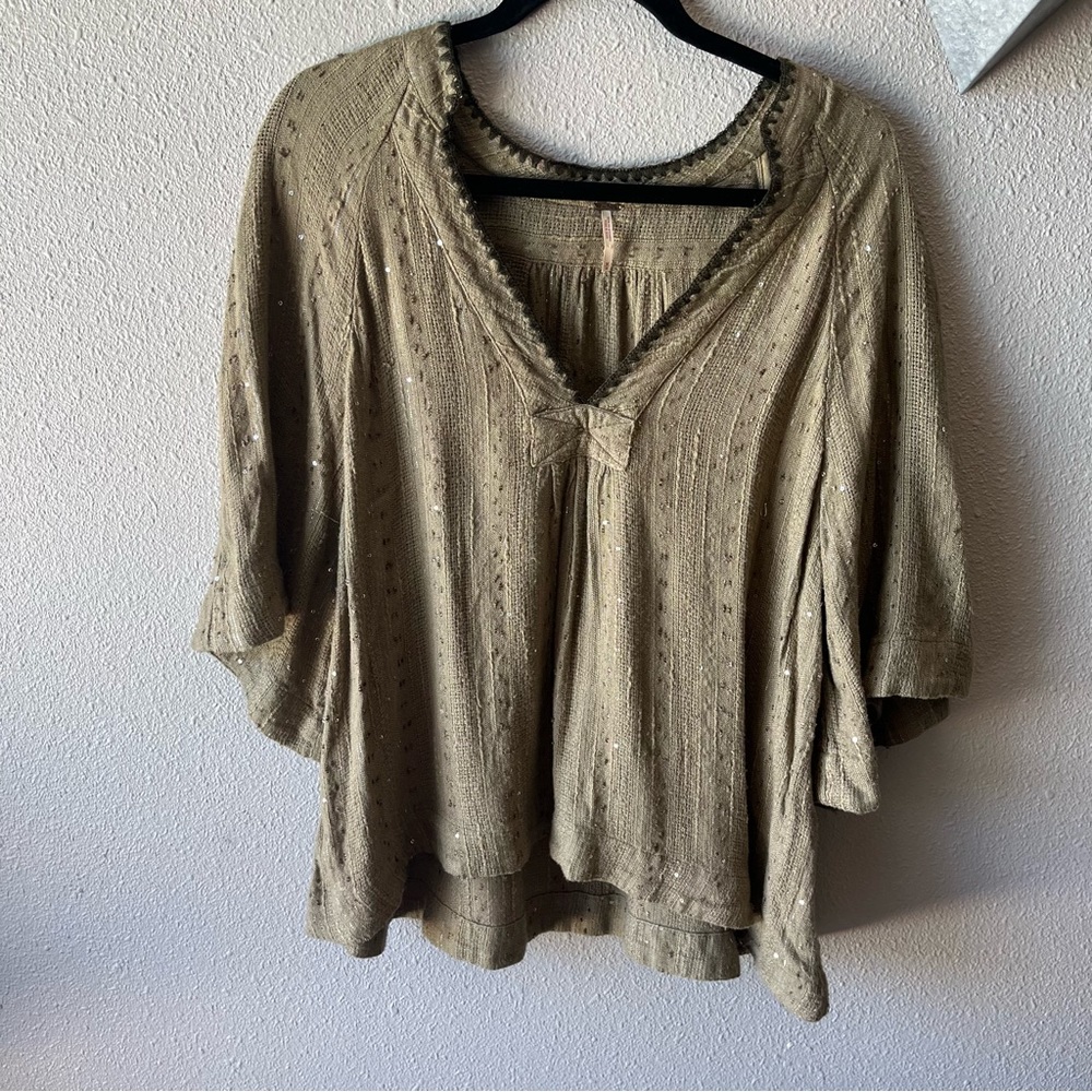 Free People Olive Green Boho Knit Blouse - Picture 8 of 12